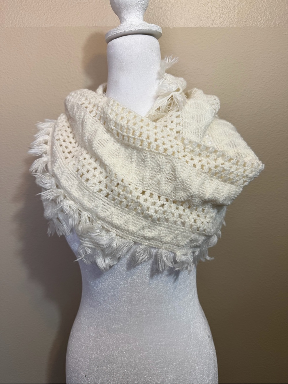 Dillard’s Cream Off-White Crochet Knit Infinity Scarf with Fringe Boho